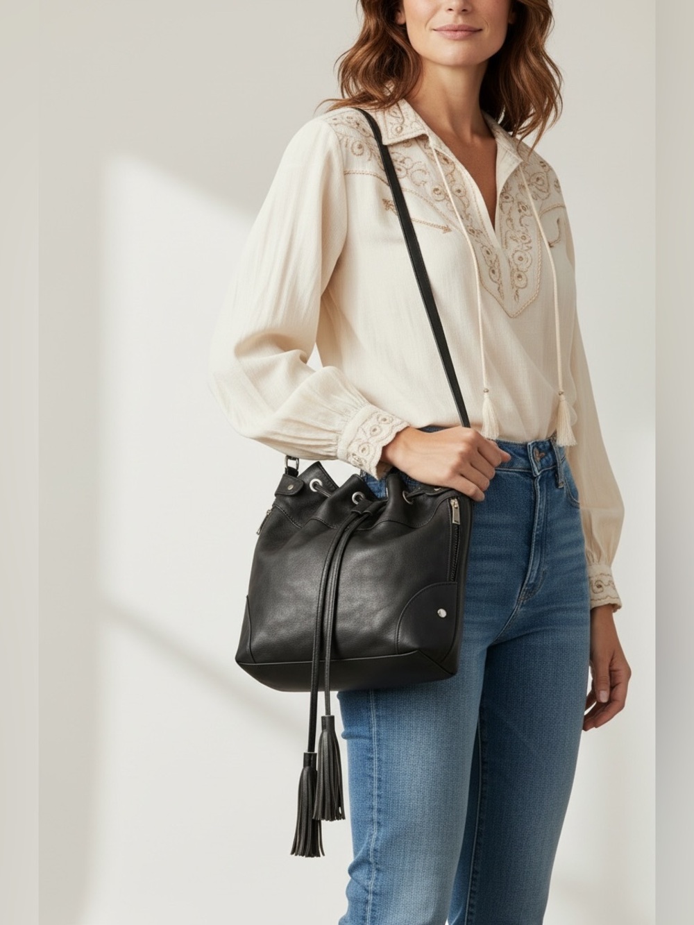 Black Faux Leather Tassel Crossbody Bucket Bag Western Purse